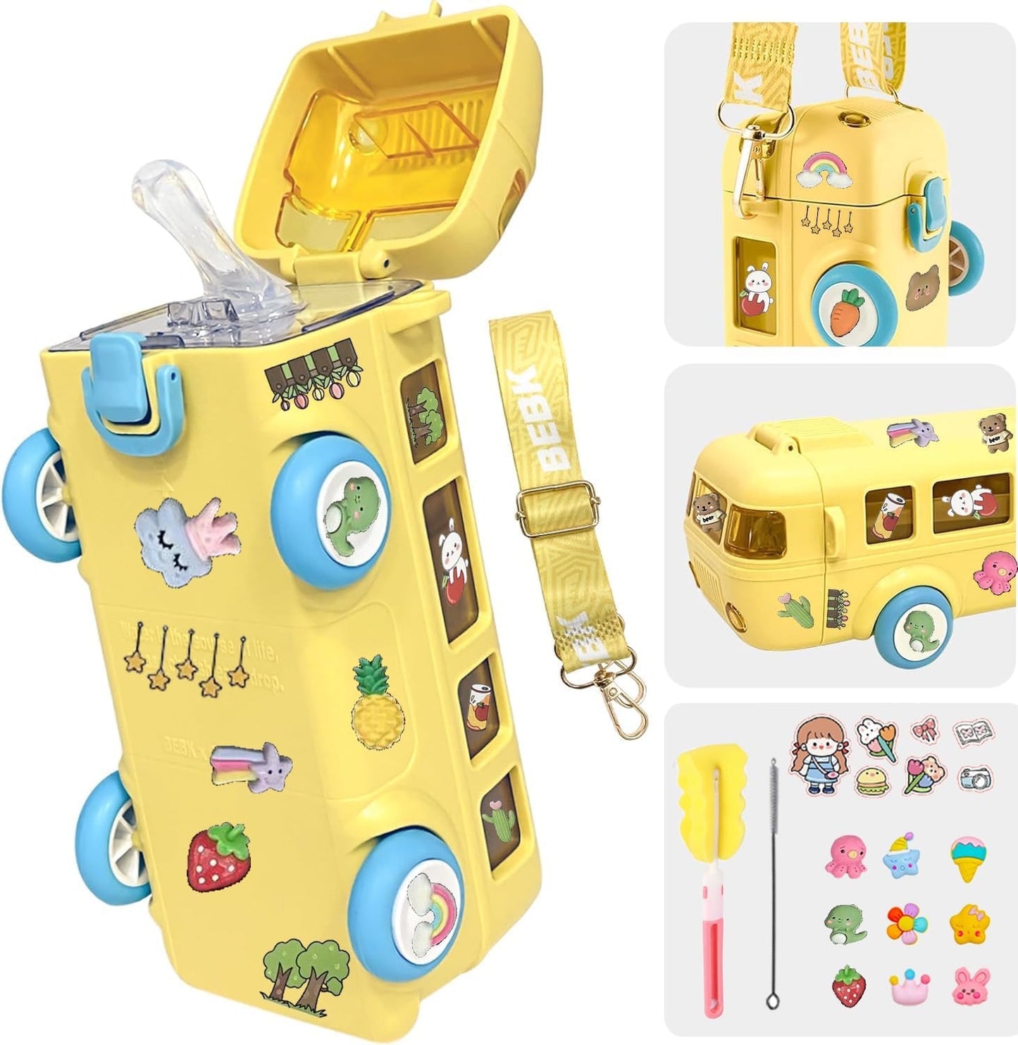 Bus Water Bottle For Kids With Strap, Sipper & Straw