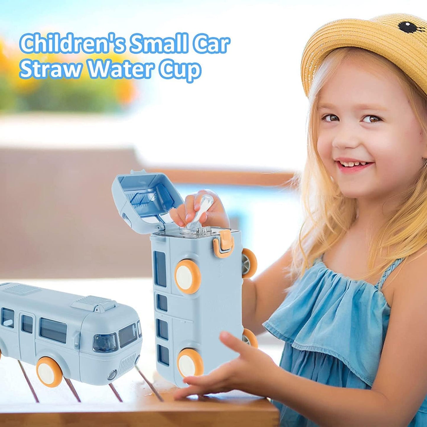 Bus Water Bottle For Kids With Strap, Sipper & Straw